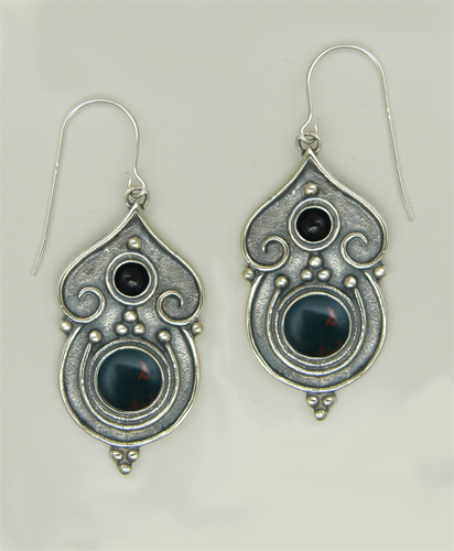 Sterling Silver Gothic Inspired Drop Dangle Earrings With Bloodstone And Black Onyx